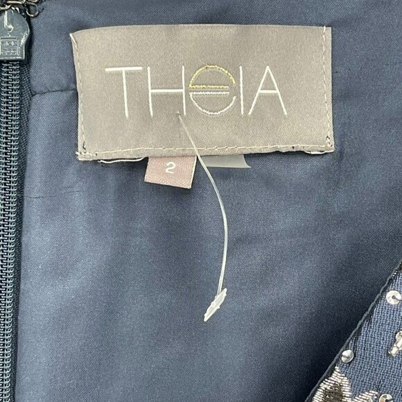 Theia Metallic Floral Jacquard A-Line Dress Knee Length Beaded Sequin Blue 2 - Picture 13 of 15